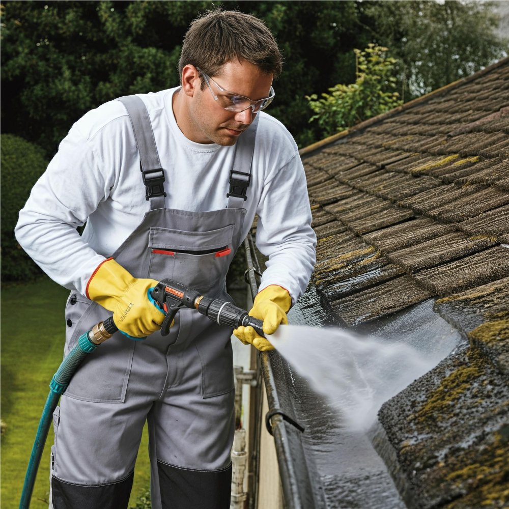 Experienced exterior cleaner inspecting clogged gutter outlet and restoring proper roof drainage flow
