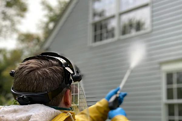 Technician pressure washing the exterior siding of a residential home to remove dirt and algae.