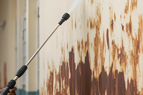 washing rust off an old wall